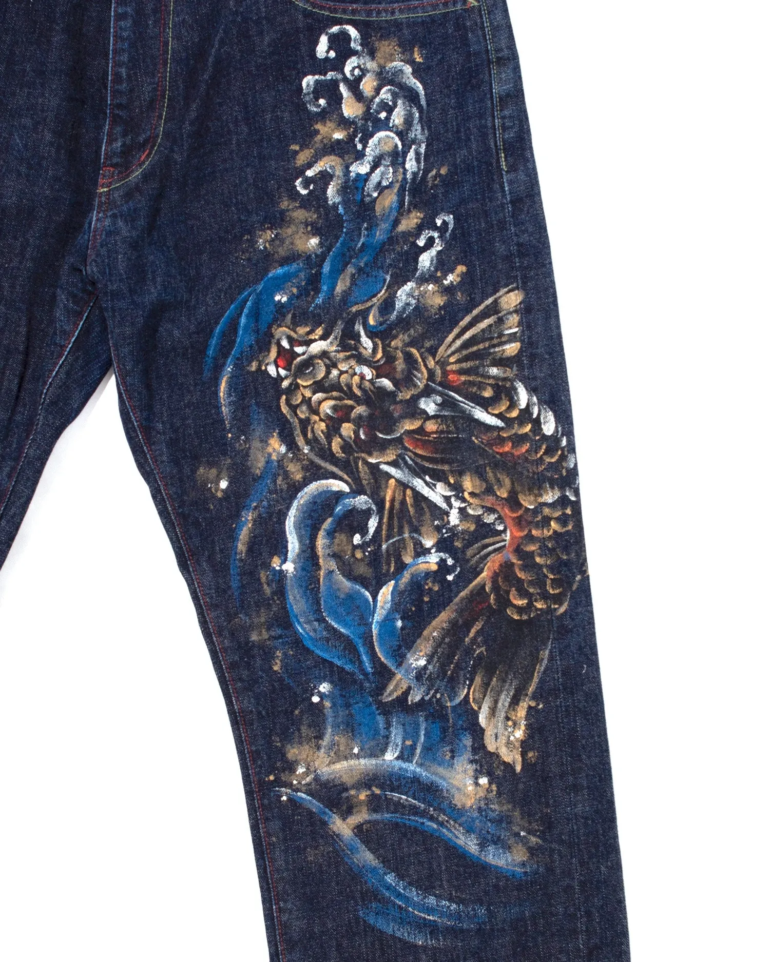 Japanese Repro Denim Jeans, Zen Clothing, Hand Painted - 36