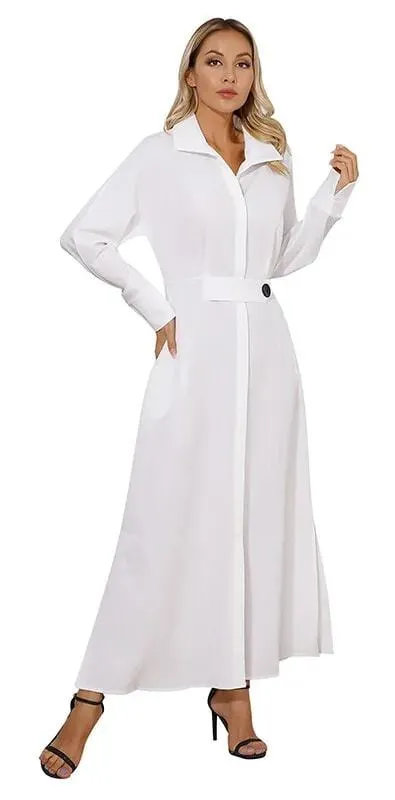 Lapel Deep V-Neck Shirt Dress Waist Tight High-Waist Pockets Long Sleeve Solid Color Maxi Dress Workwear XL B-53120