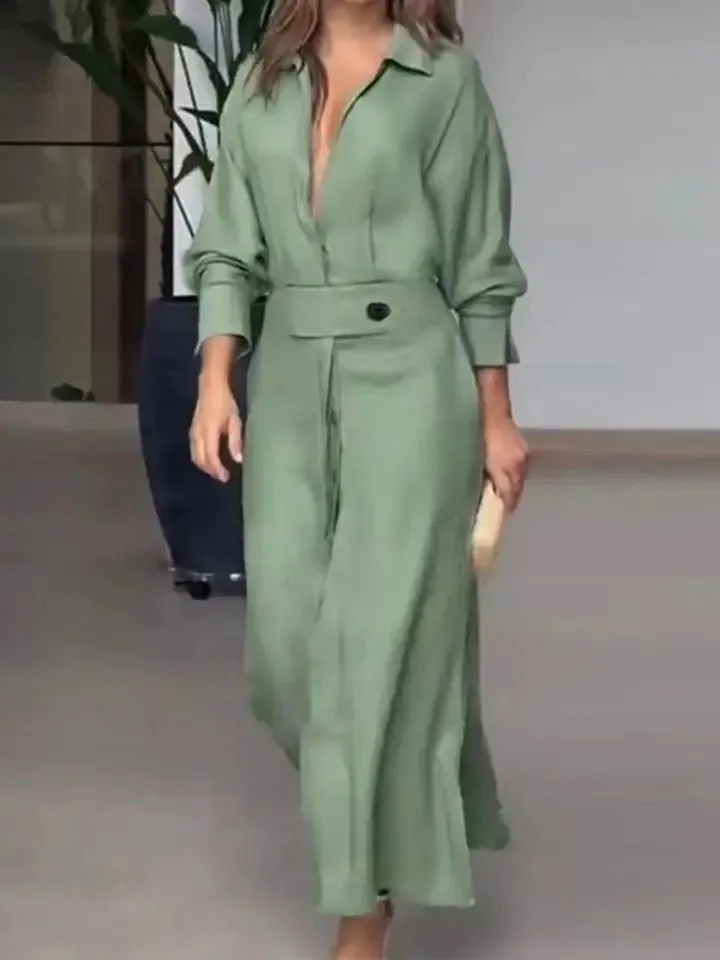Lapel Deep V-Neck Shirt Dress Waist Tight High-Waist Pockets Long Sleeve Solid Color Maxi Dress Workwear XL B-53120