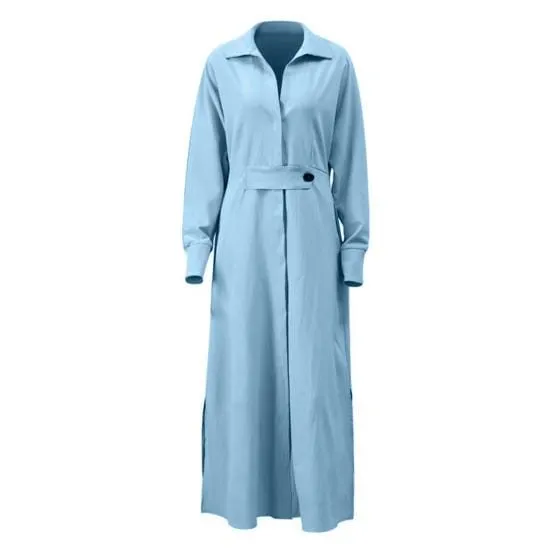 Lapel Deep V-Neck Shirt Dress Waist Tight High-Waist Pockets Long Sleeve Solid Color Maxi Dress Workwear XL B-53120
