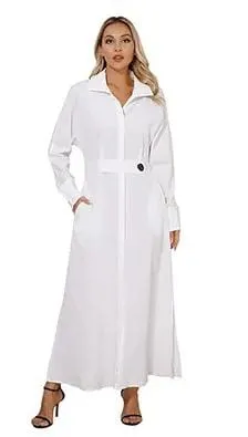 Lapel Deep V-Neck Shirt Dress Waist Tight High-Waist Pockets Long Sleeve Solid Color Maxi Dress Workwear XL B-53120