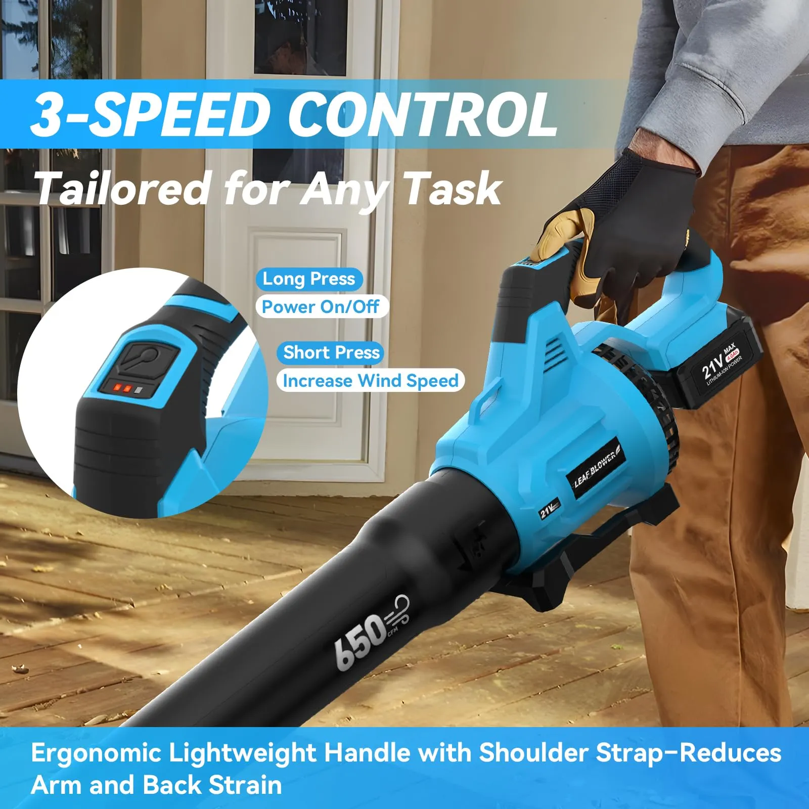 Leaf Blower Cordless,650 CFM & 160 MPH Electric Cordless Leaf Blower with 2 * 4.0Ah Batteries & Noise-Reduction Ear Muffs,3 Speed Powerful Blowing Ideal for Lawn Care, Blowing Leaves, Dust, Snow