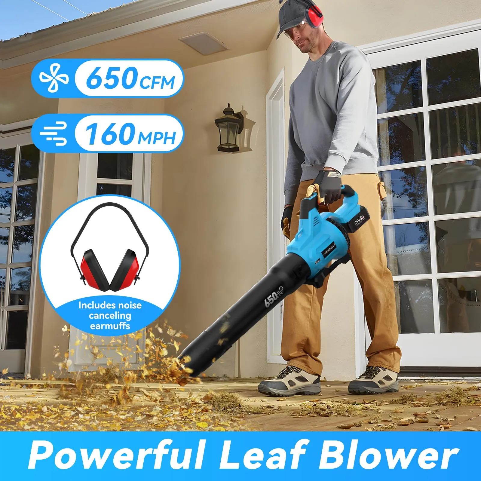 Leaf Blower Cordless,650 CFM & 160 MPH Electric Cordless Leaf Blower with 2 * 4.0Ah Batteries & Noise-Reduction Ear Muffs,3 Speed Powerful Blowing Ideal for Lawn Care, Blowing Leaves, Dust, Snow