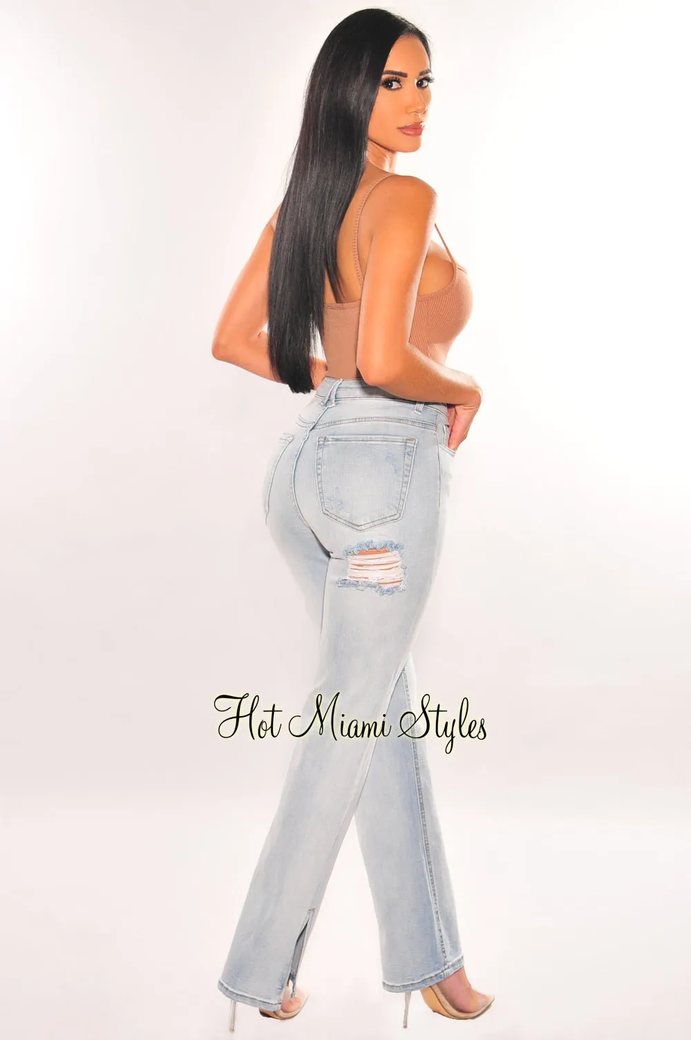 Light Denim High Waist Straight Leg Slit Jeans