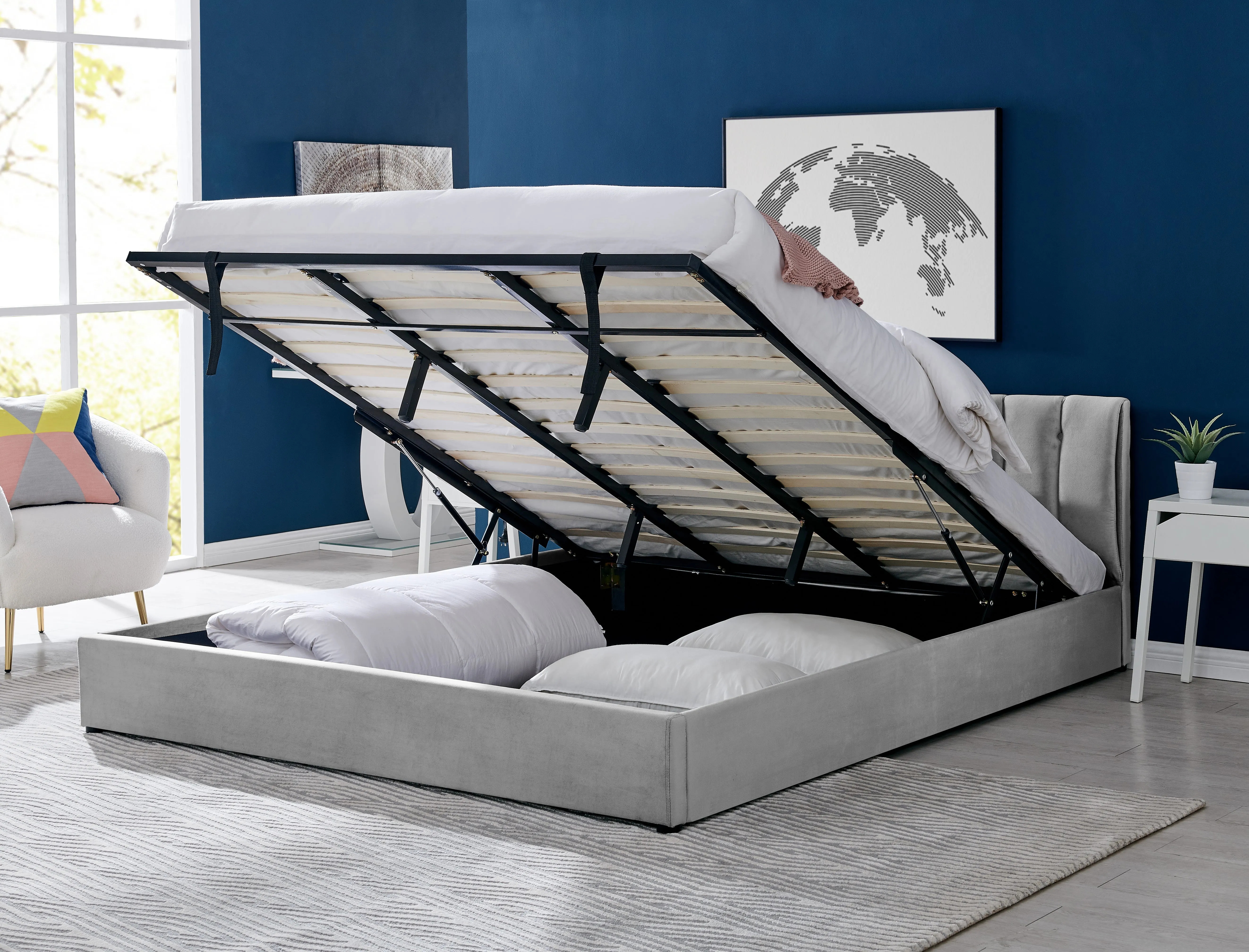 Light Grey Velvet Plush Ottoman Storage Bed Frame - Double or Super King