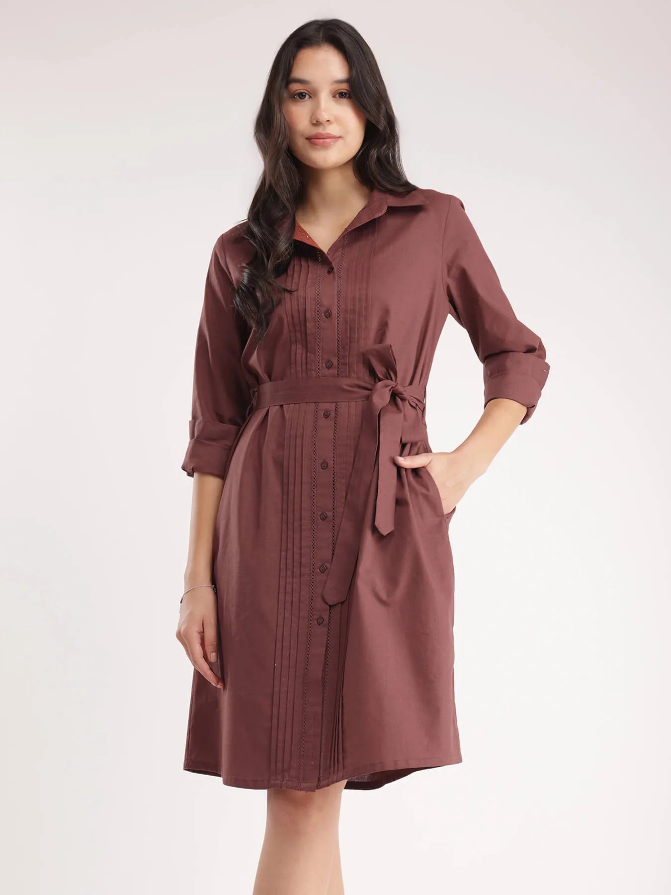Linen Shirt Dress - Brown