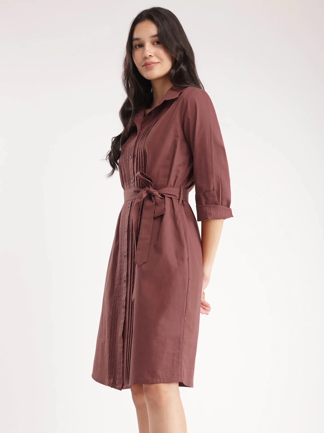 Linen Shirt Dress - Brown