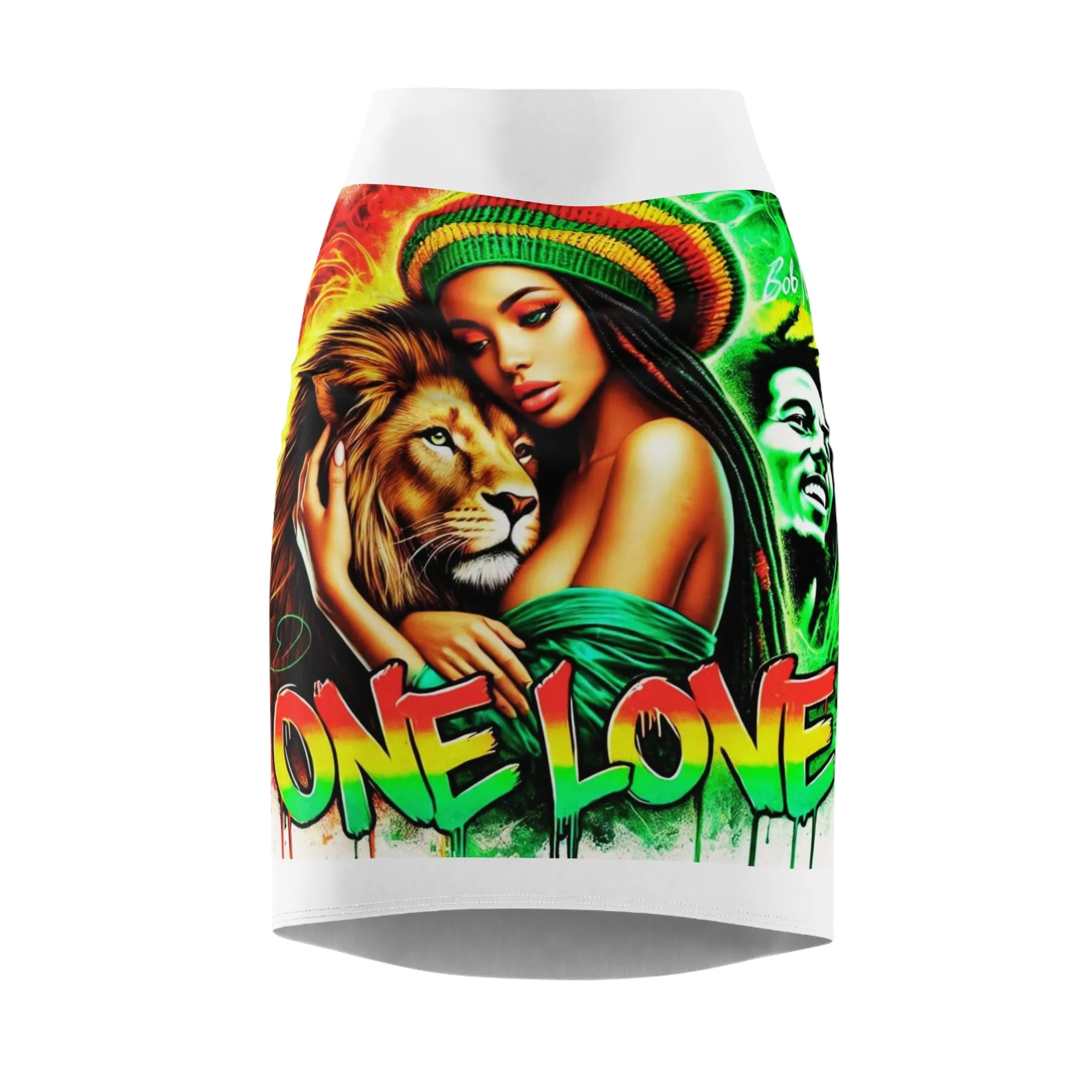 Lone Lion Love Women's Pencil Skirt - Vibrant Rasta Art Design