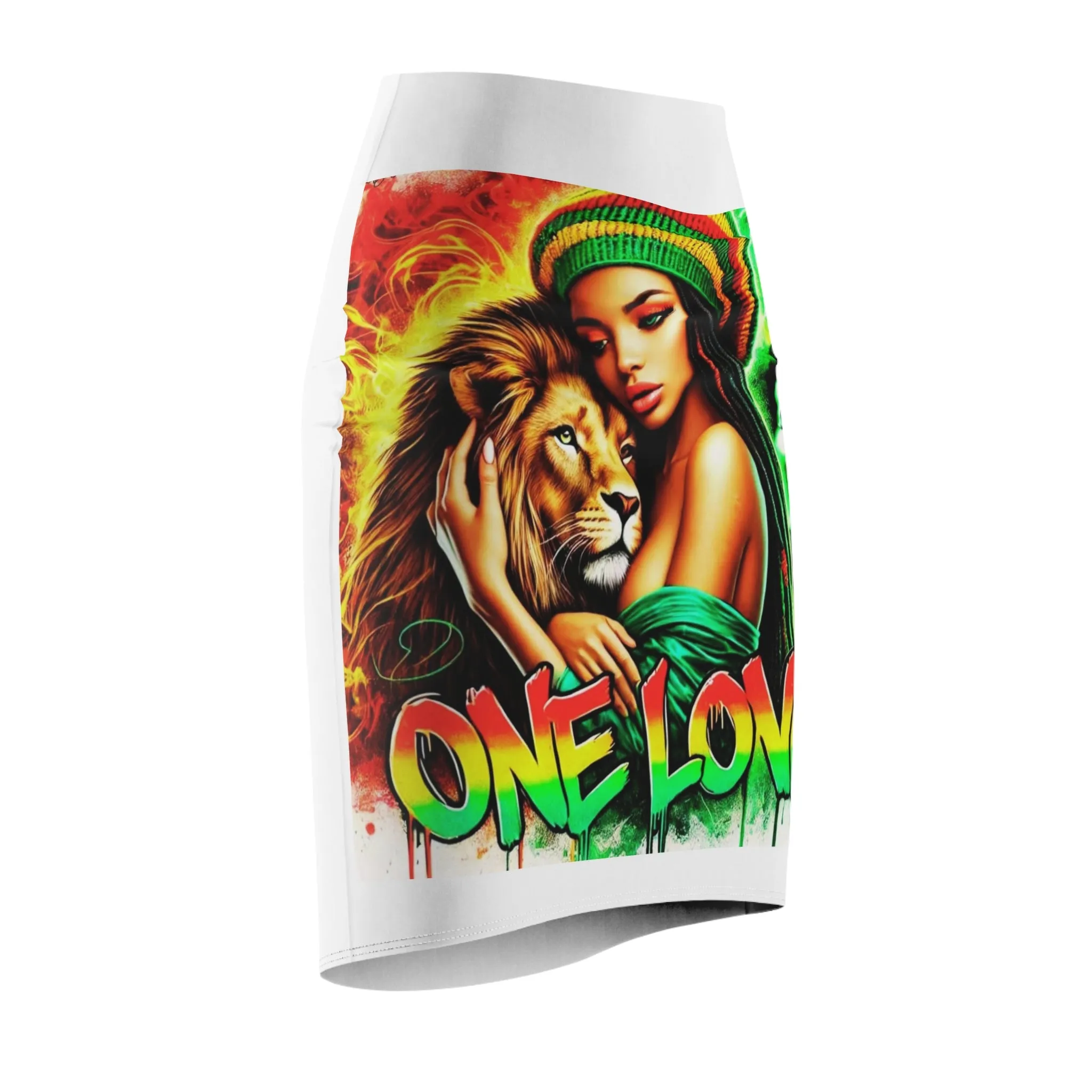 Lone Lion Love Women's Pencil Skirt - Vibrant Rasta Art Design