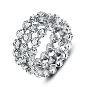 Luxurious Zinc Alloy Rhodium Plated Rings for Women with 3 Rows of Shiny White Cubic Zirconia Stones – Trendy Jewelry Gift
