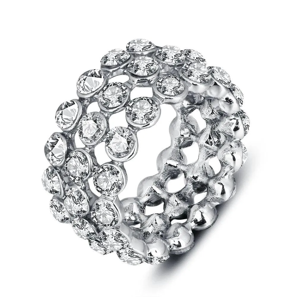 Luxurious Zinc Alloy Rhodium Plated Rings for Women with 3 Rows of Shiny White Cubic Zirconia Stones – Trendy Jewelry Gift