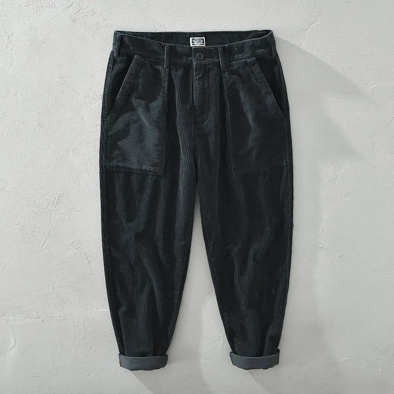 Mens Corduroy Pants Japanese-Style Retro Corduroy Casual Pants Men's Loose Straight Thickening Overalls