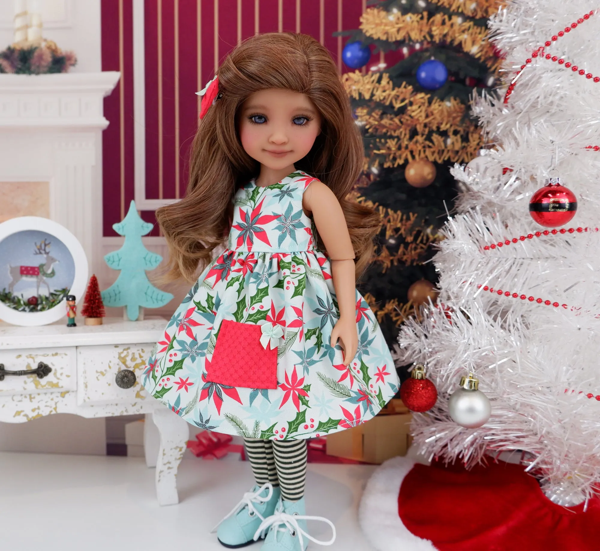 Mid Century Poinsettias - dress with sweater & boots for Ruby Red Fashion Friends doll