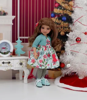 Mid Century Poinsettias - dress with sweater & boots for Ruby Red Fashion Friends doll