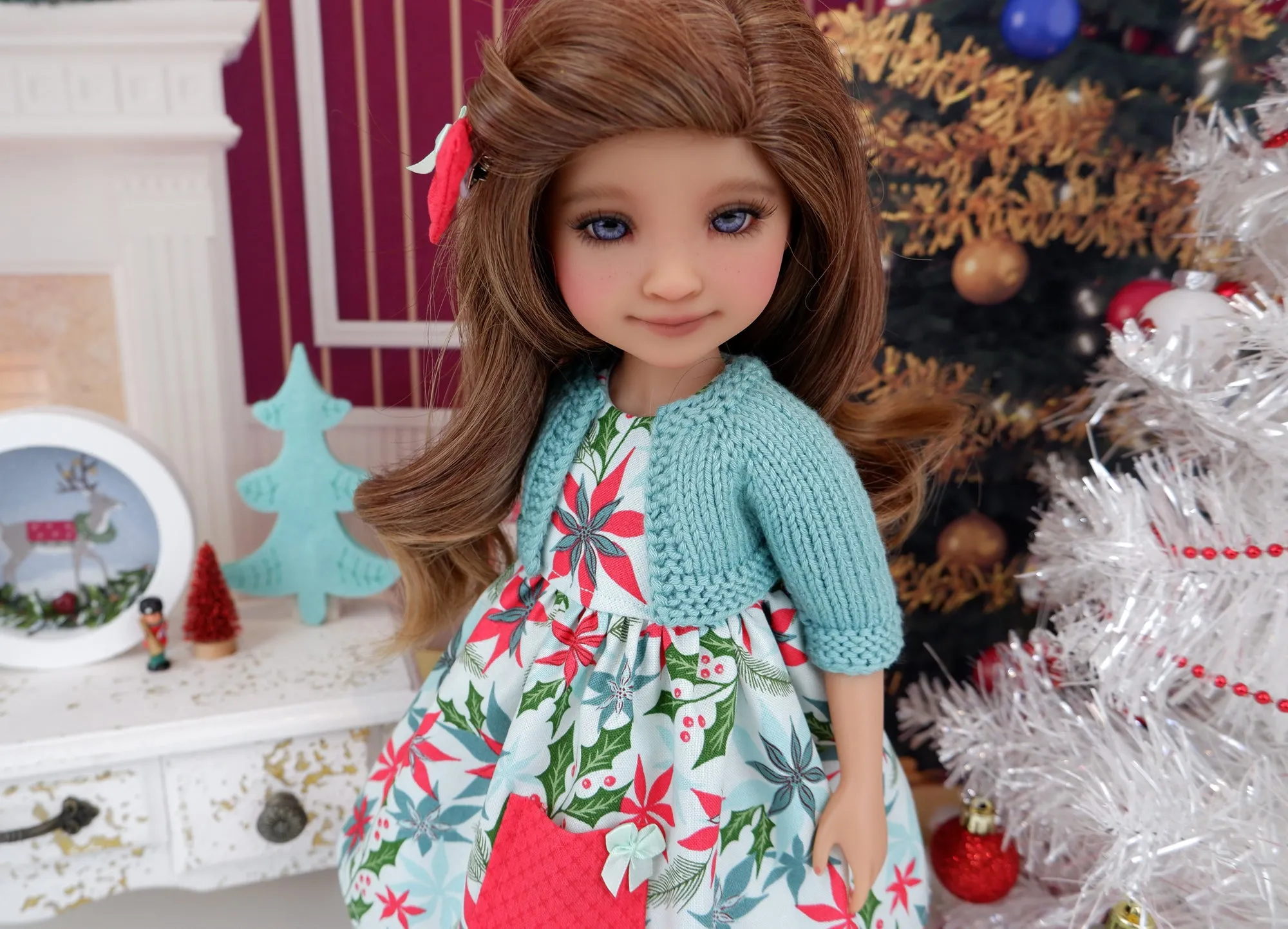 Mid Century Poinsettias - dress with sweater & boots for Ruby Red Fashion Friends doll