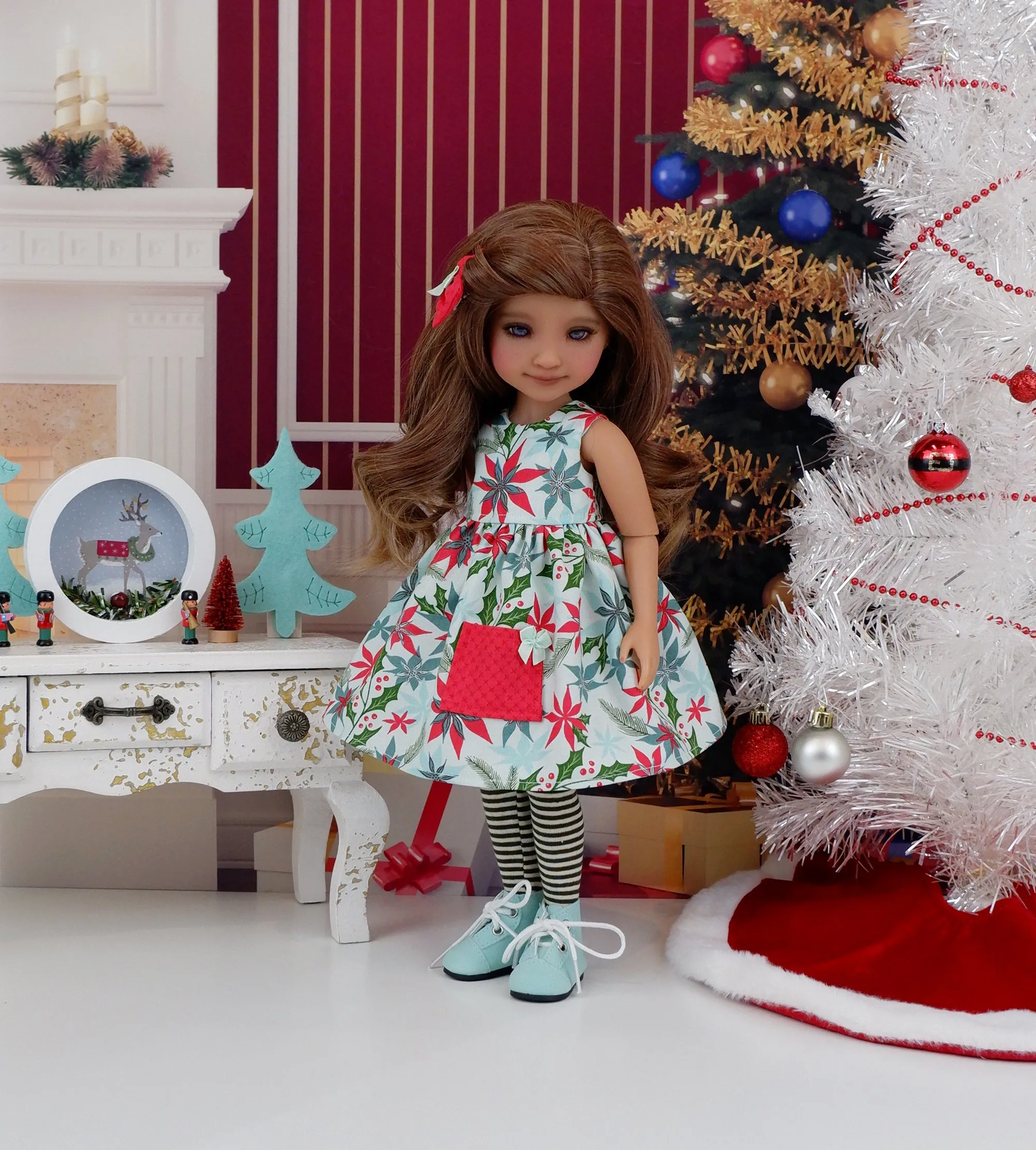 Mid Century Poinsettias - dress with sweater & boots for Ruby Red Fashion Friends doll