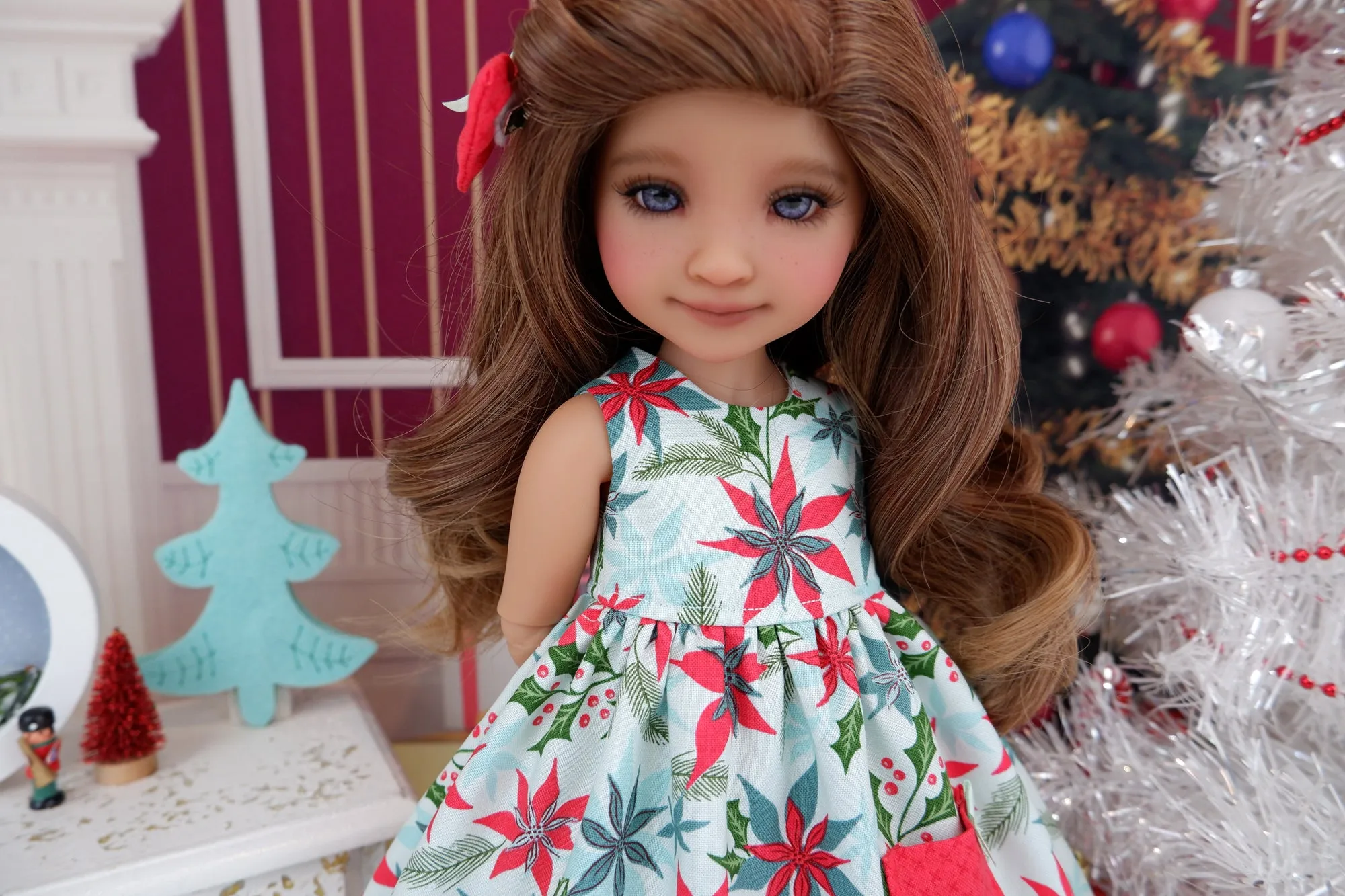Mid Century Poinsettias - dress with sweater & boots for Ruby Red Fashion Friends doll
