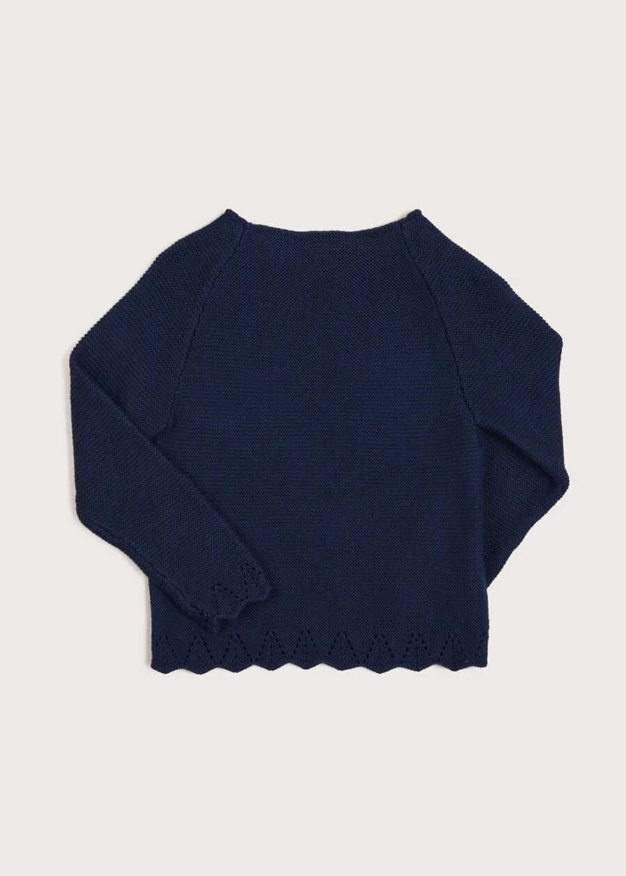 Openwork Hem Single Button Cardigan in Blue (6mths-10yrs)