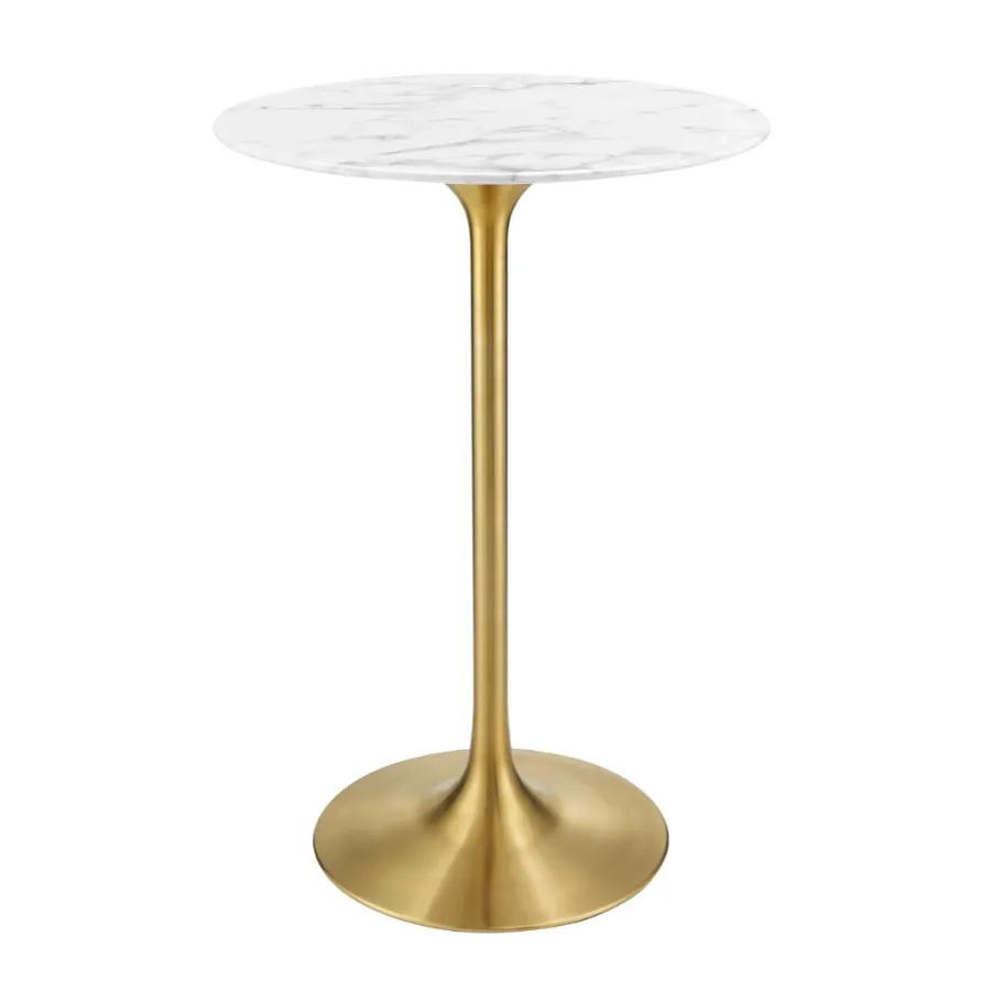 Opulent Aura Round White Faux Marble Bar Table With Brass Base Indoor