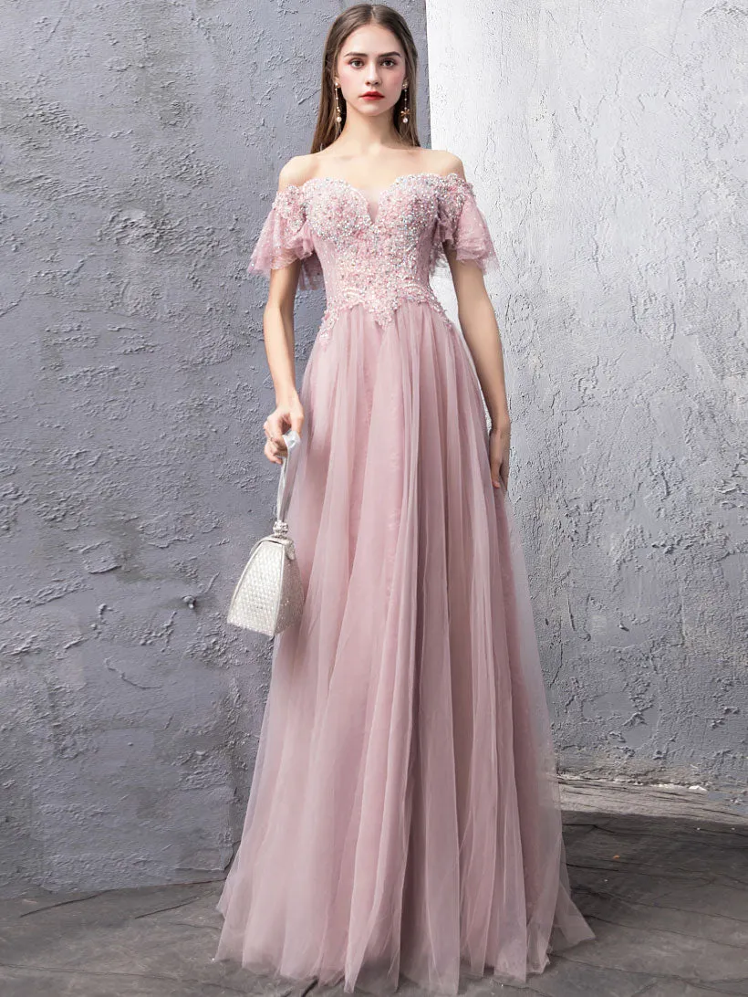 Pink Tulle Lace Off Shoulder Long Prom Dress, Pink Evening Dress