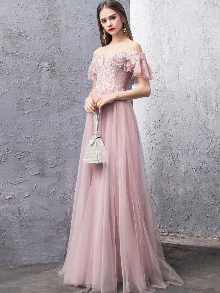 Pink Tulle Lace Off Shoulder Long Prom Dress, Pink Evening Dress