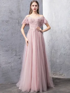 Pink Tulle Lace Off Shoulder Long Prom Dress, Pink Evening Dress