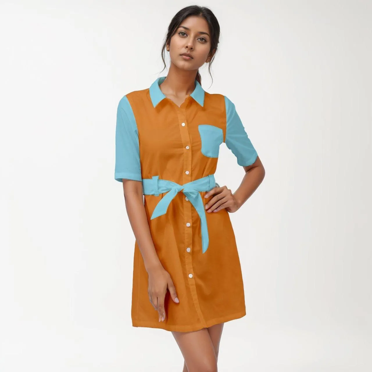 Pinsa Color Block Belted Shirt Dress