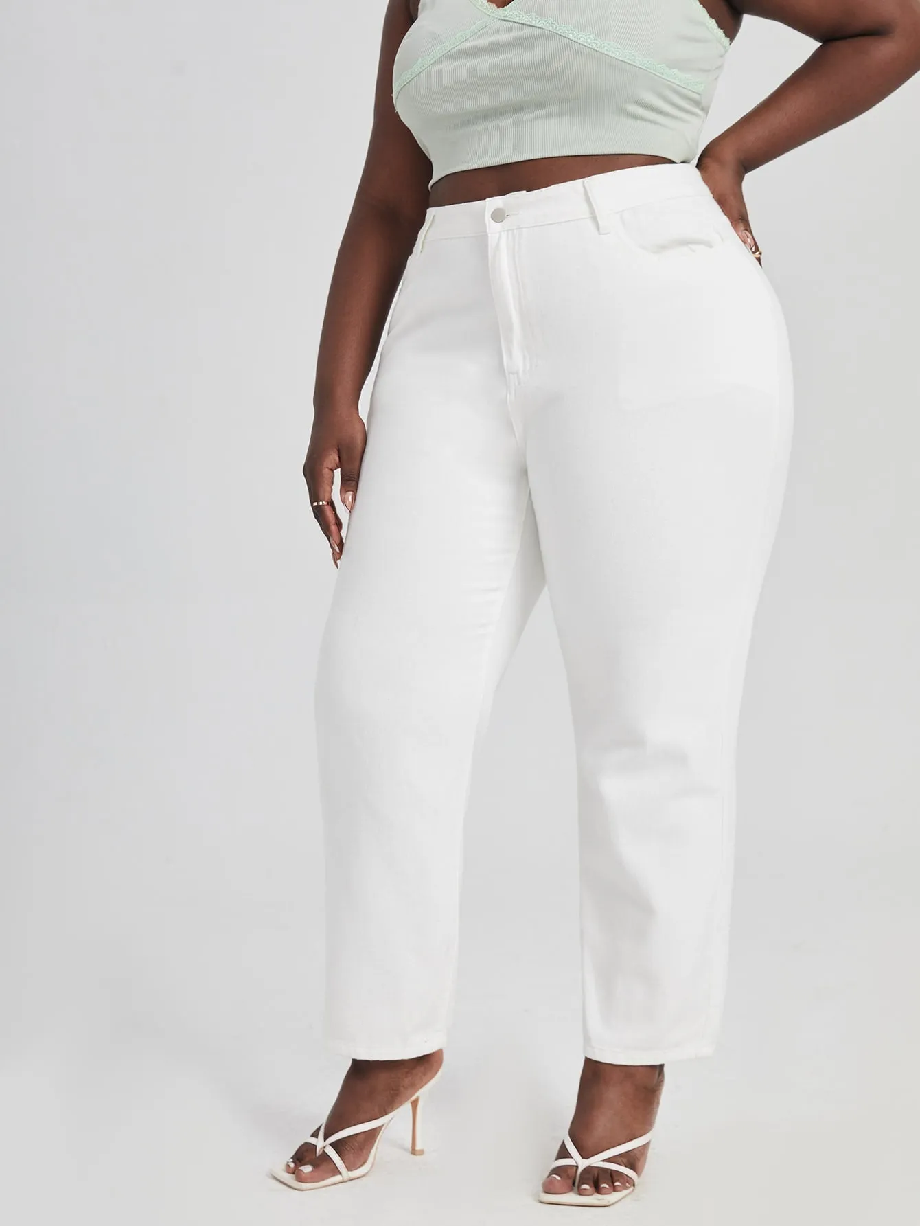 Plain Button High Waist Long Plus Size Jeans