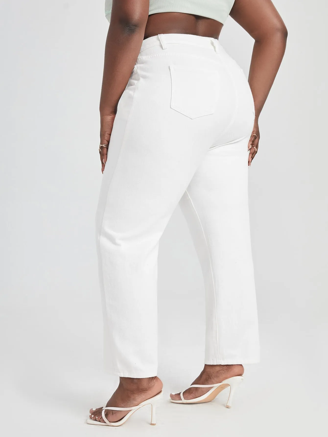 Plain Button High Waist Long Plus Size Jeans