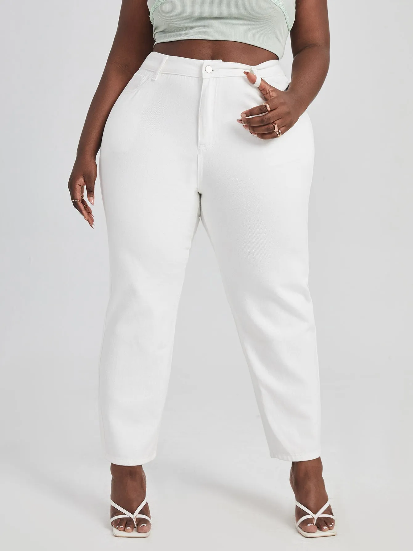 Plain Button High Waist Long Plus Size Jeans