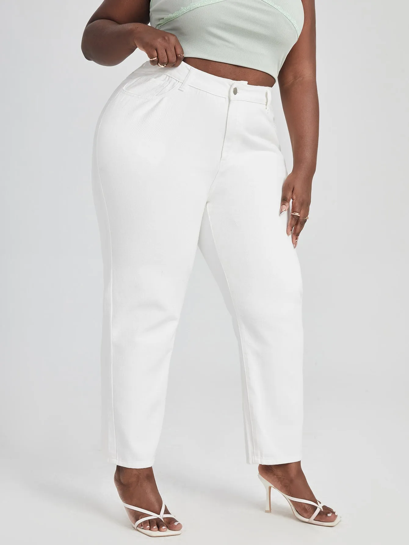 Plain Button High Waist Long Plus Size Jeans