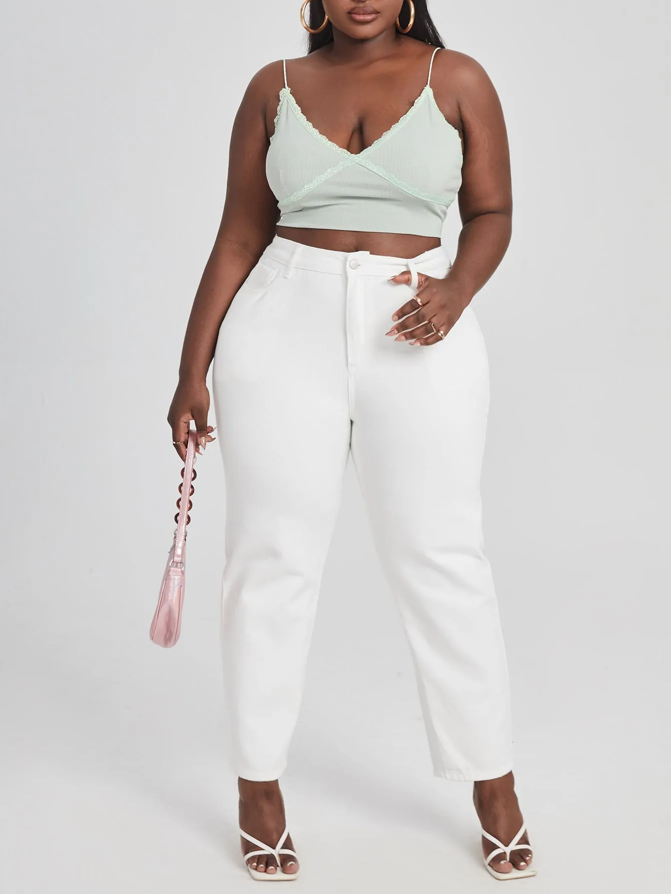 Plain Button High Waist Long Plus Size Jeans