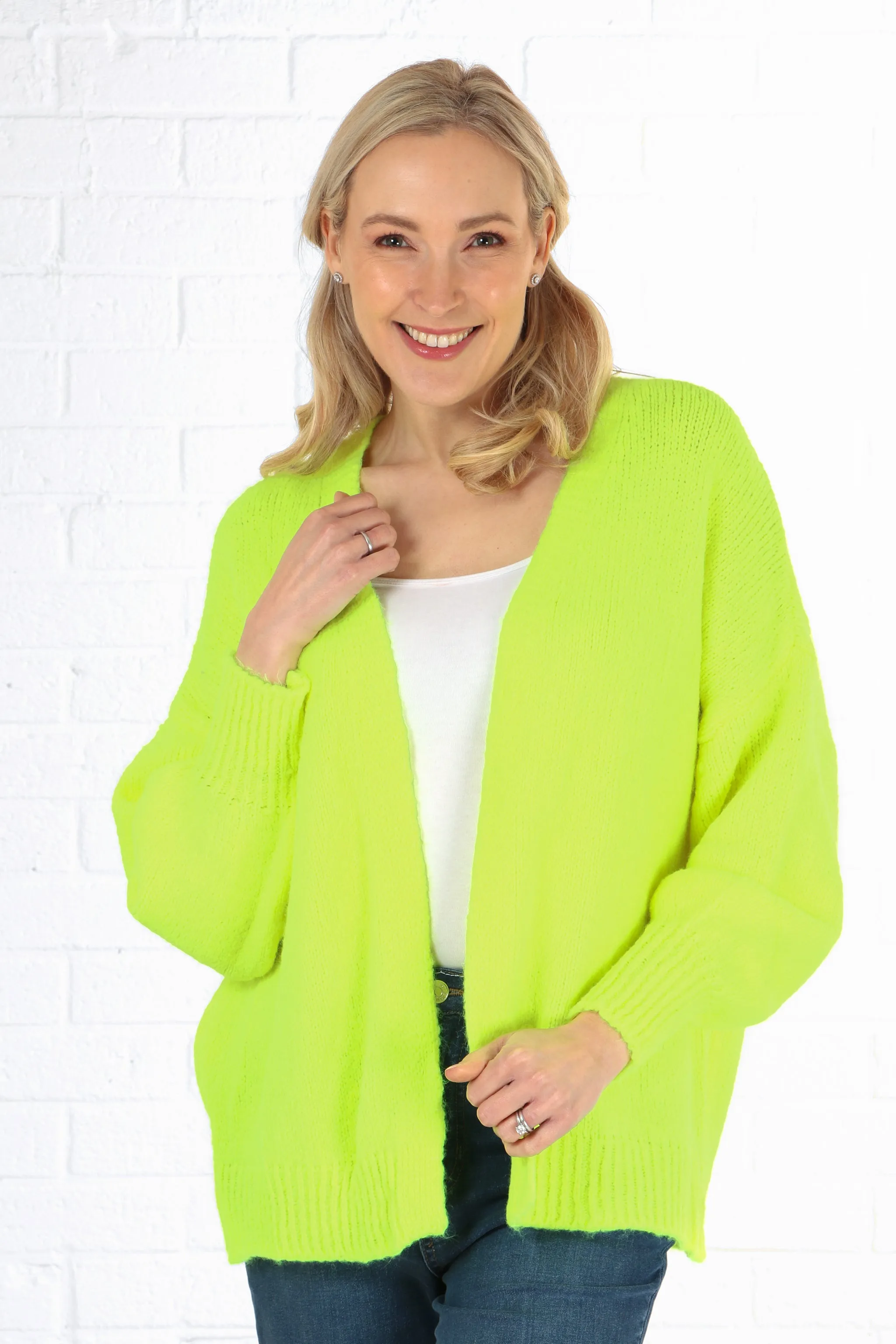 Plain Wool Blend Open Front Balloon Sleeve Cardigan in Neon Yellow