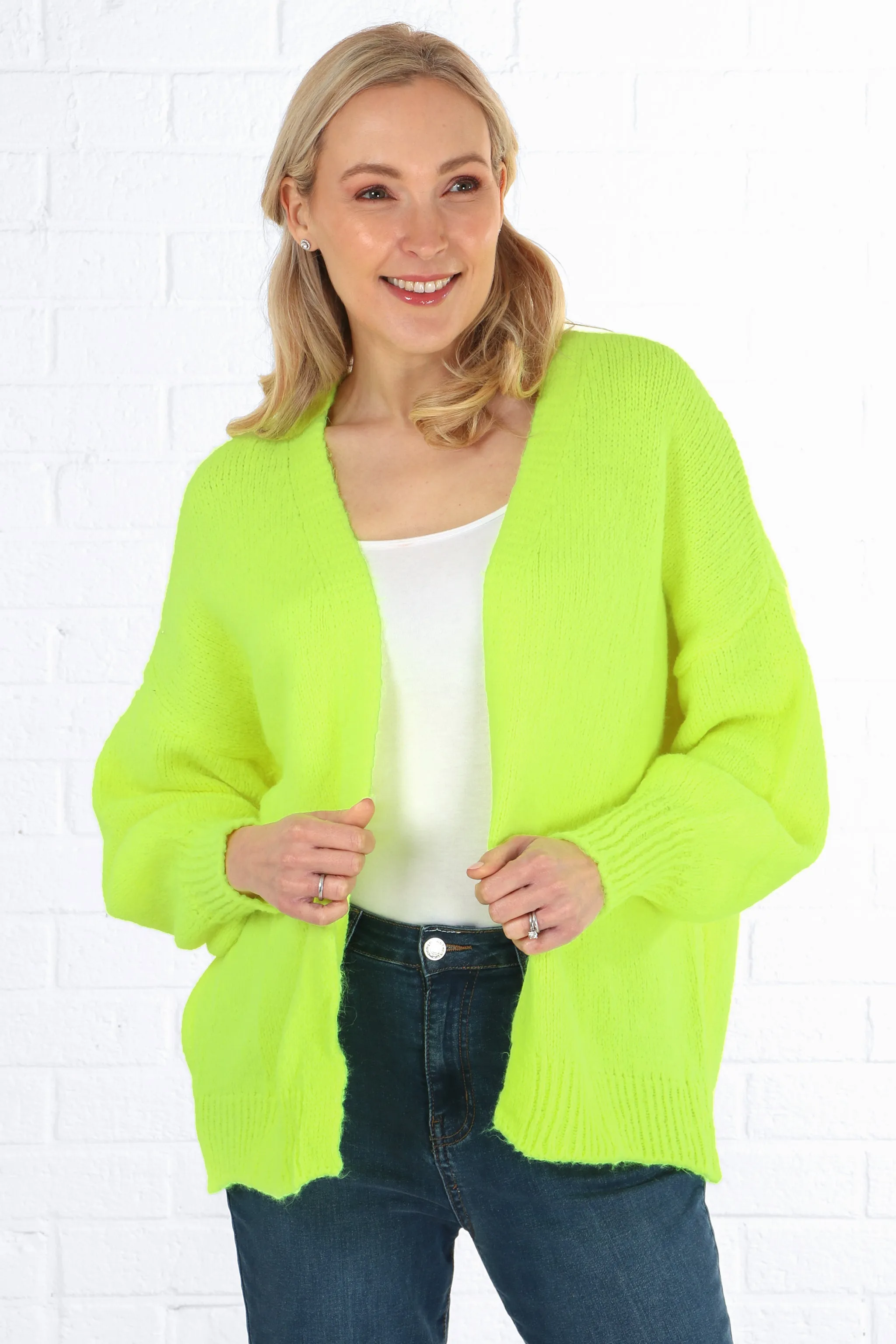 Plain Wool Blend Open Front Balloon Sleeve Cardigan in Neon Yellow
