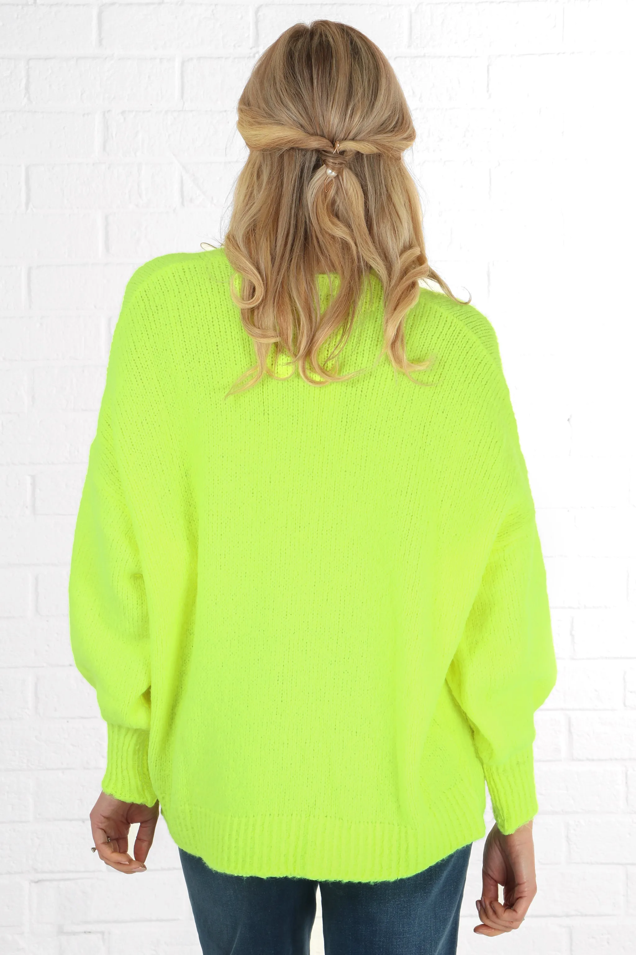Plain Wool Blend Open Front Balloon Sleeve Cardigan in Neon Yellow