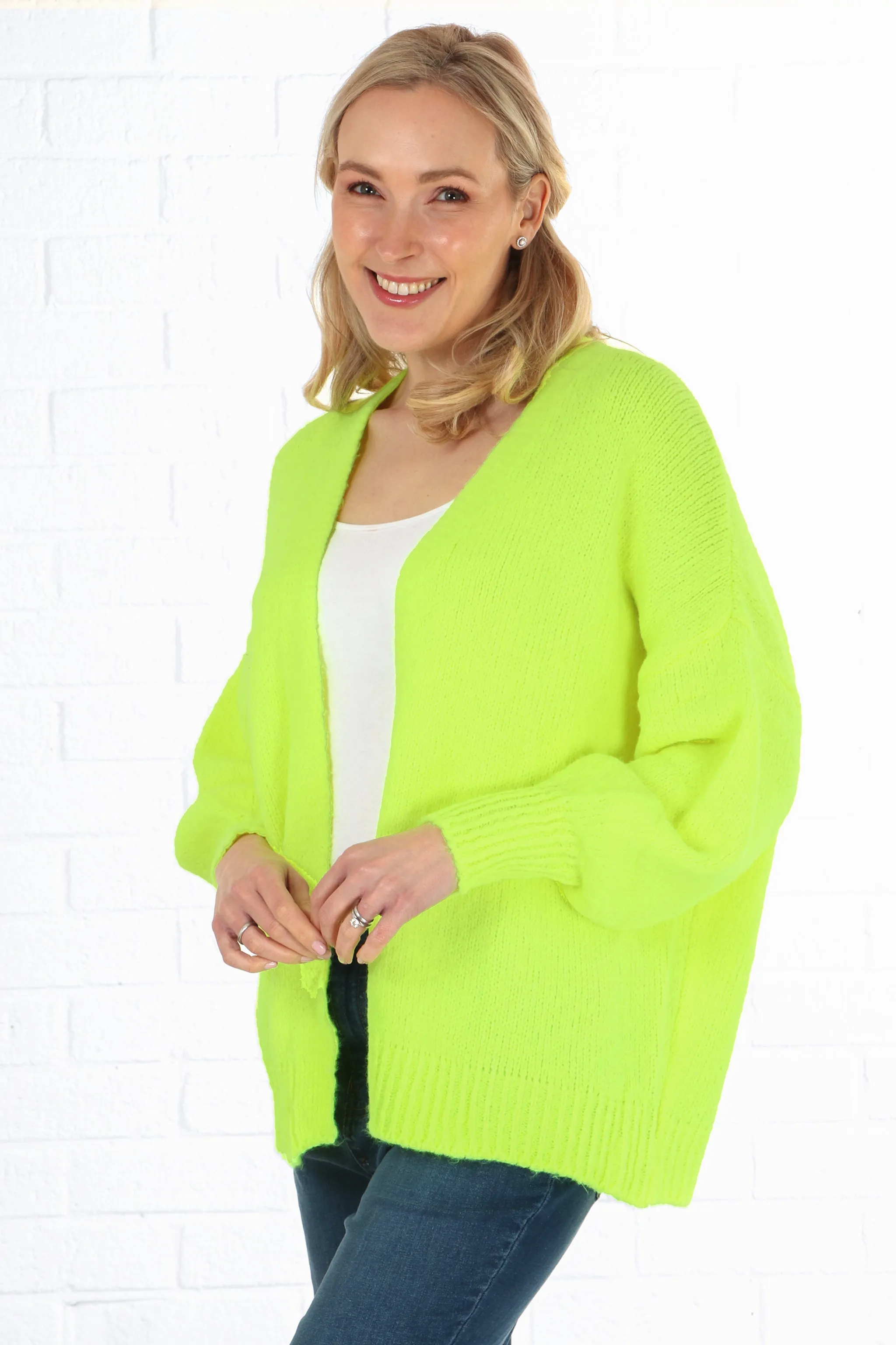 Plain Wool Blend Open Front Balloon Sleeve Cardigan in Neon Yellow