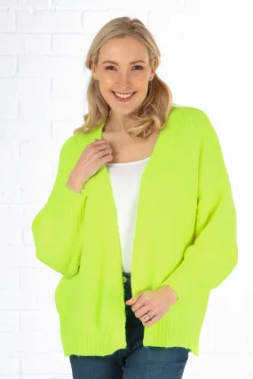 Plain Wool Blend Open Front Balloon Sleeve Cardigan in Neon Yellow