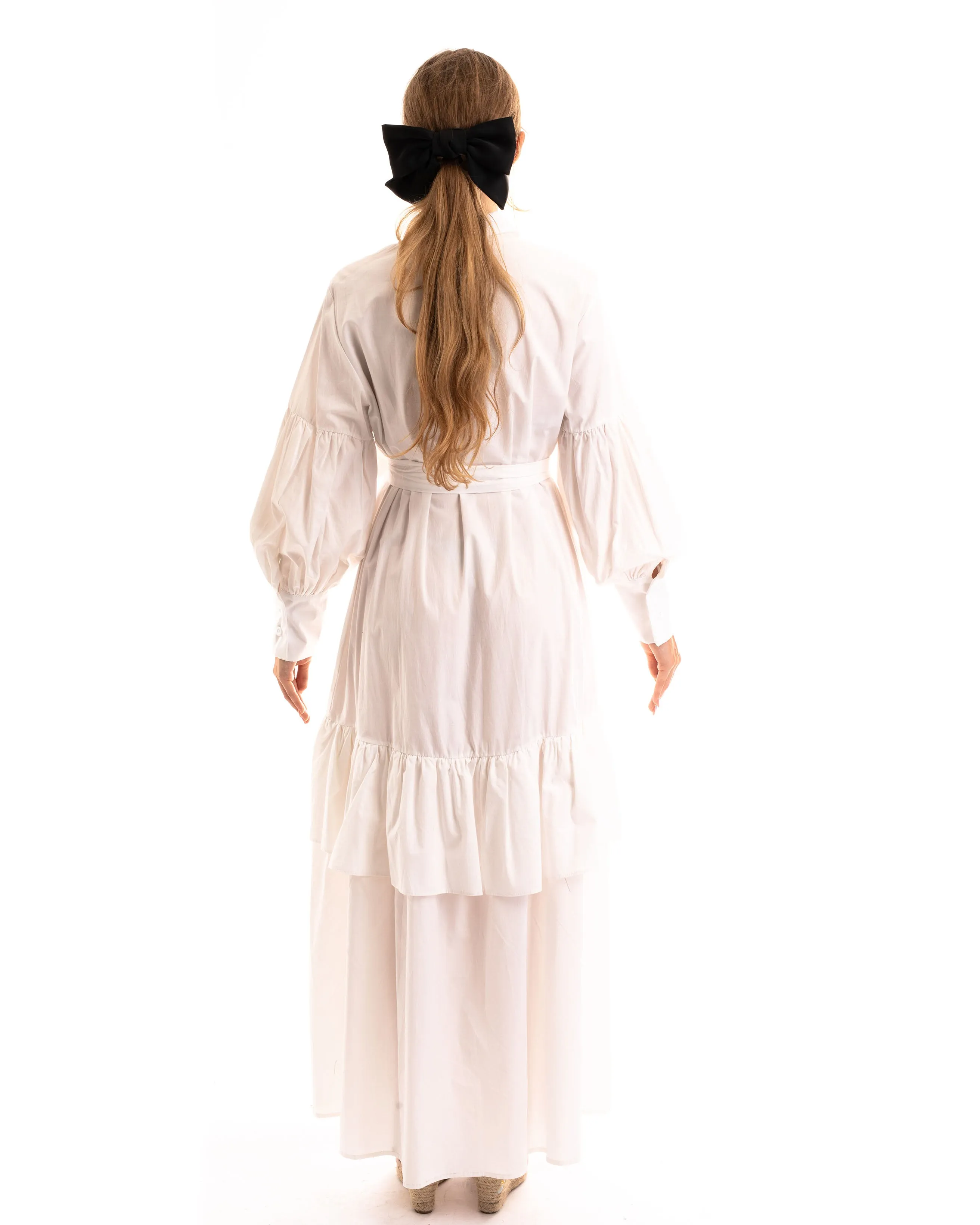 Puff sleeve shirt dress with tiered hem skirt in white