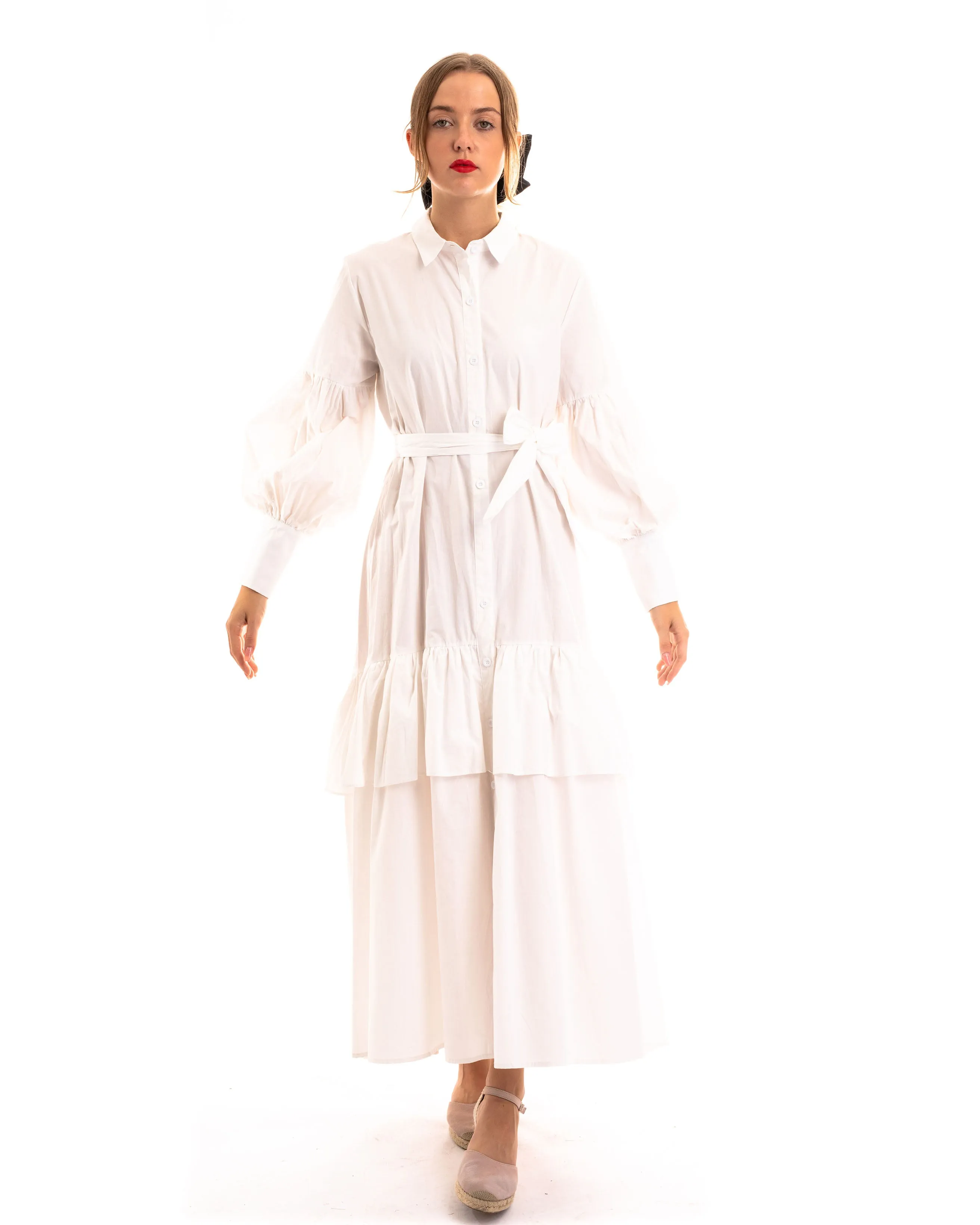 Puff sleeve shirt dress with tiered hem skirt in white