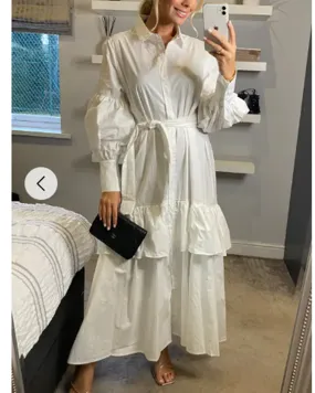 Puff sleeve shirt dress with tiered hem skirt in white