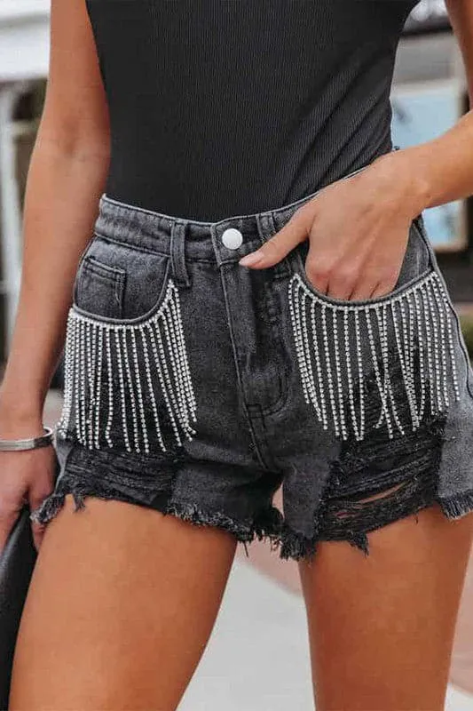 PZ720 Tassel Ripped Denim Shorts