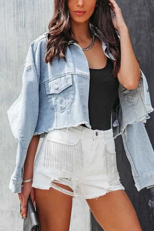 PZ720 Tassel Ripped Denim Shorts