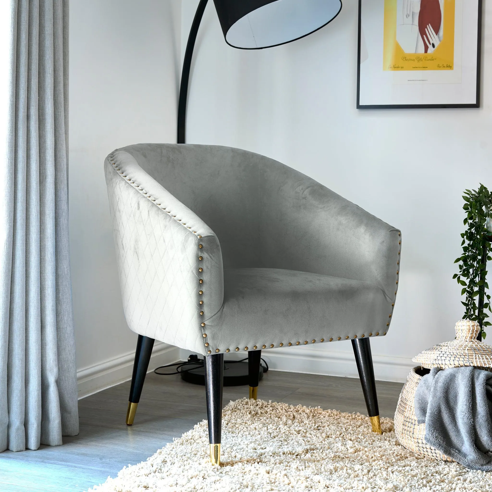 Revo Tub Armchair Velvet Nailhead Trim - Light Grey