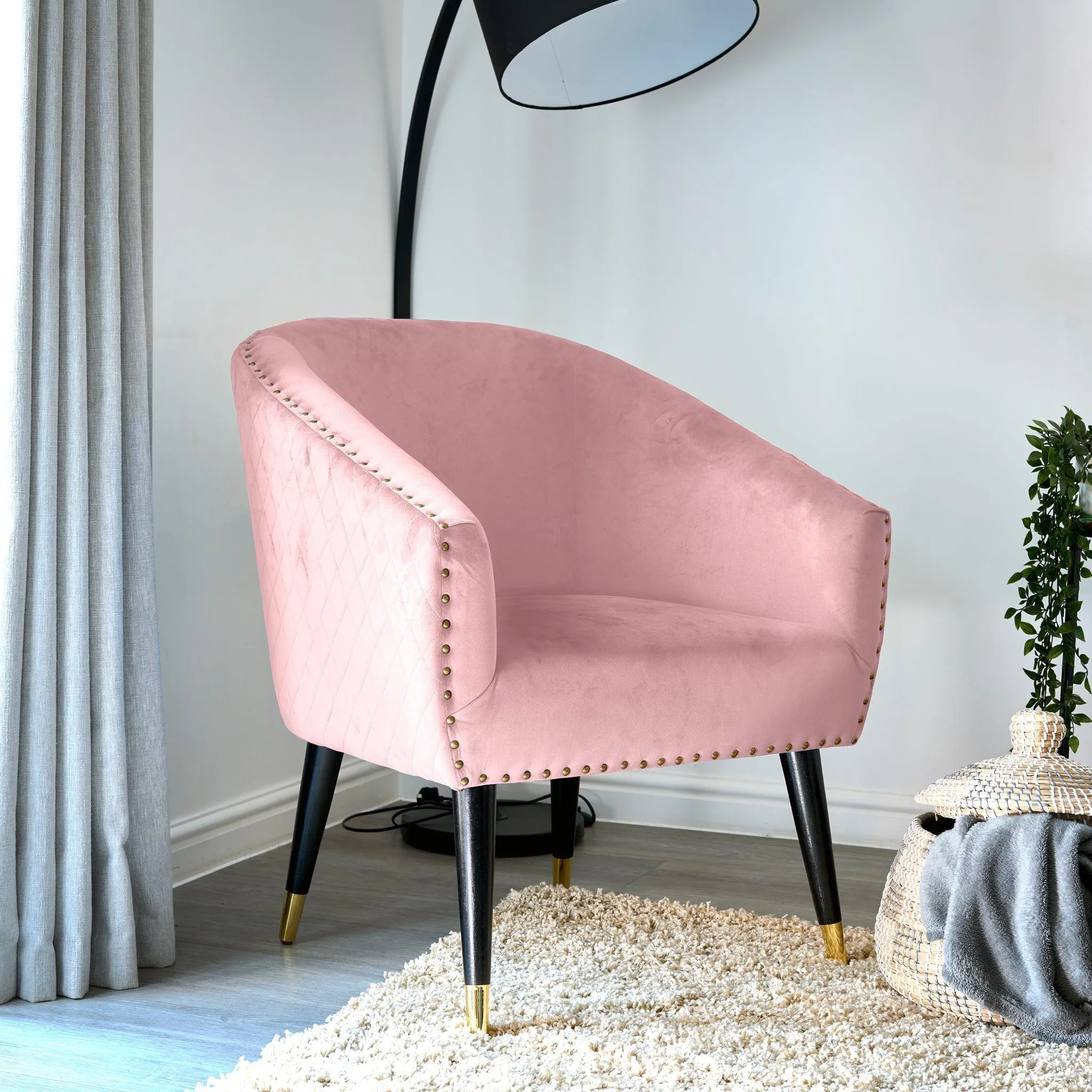 Revo Velvet Nailhead Trim Tub Armchair - Pink