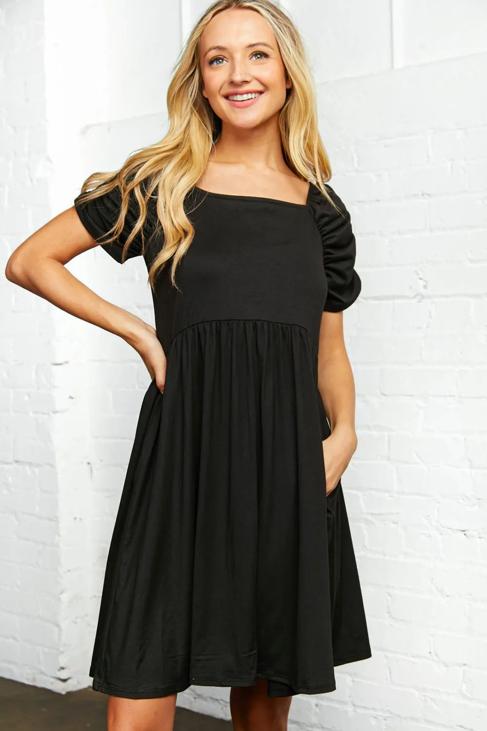 Ruched Sleeve Square Neck Babydoll Dress
