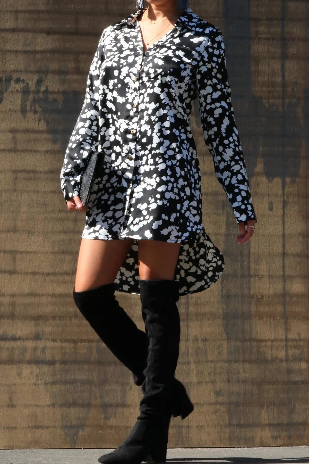 Silky Black and White Shirt Dress