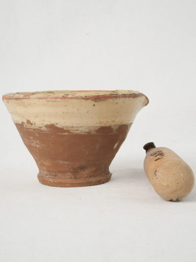 Small Antique French Glazed Terracotta Mortar with Wooden Pestle 4¼"