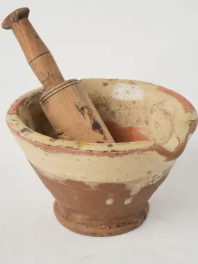 Small Antique French Glazed Terracotta Mortar with Wooden Pestle 4¼"