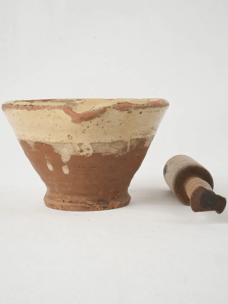 Small Antique French Glazed Terracotta Mortar with Wooden Pestle 4¼"
