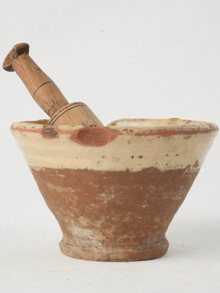 Small Antique French Glazed Terracotta Mortar with Wooden Pestle 4¼"